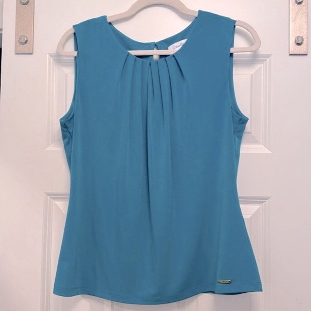 L Turqouise Calvin Klein Pleated Jewel-Neck Sleeveless Shell Tank